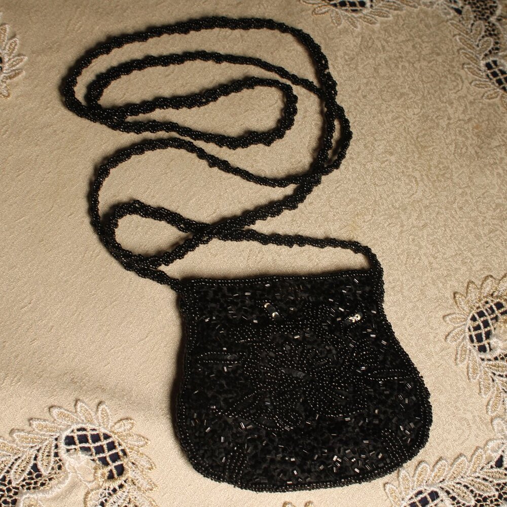 Vintage Black Beaded Silk Evening Bag, Made in India